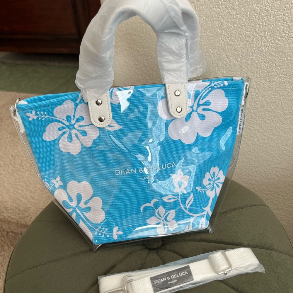 Turquoise Floral Tote Bag with Clear Material and Wide Opening